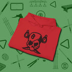 Eight Ball Pirate Skull Hoodie, folded view, in Red play in style, win in silence
