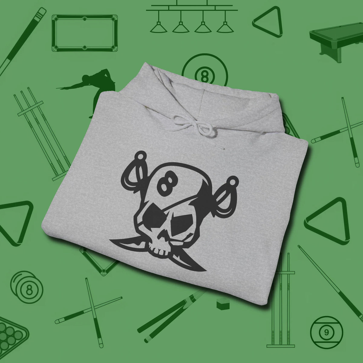 Eight Ball Pirate Skull Hoodie, folded view, in Sport Grey poolroom style with tournament attitude