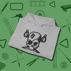 Eight Ball Pirate Skull Hoodie, folded view, in Sport Grey poolroom style with tournament attitude