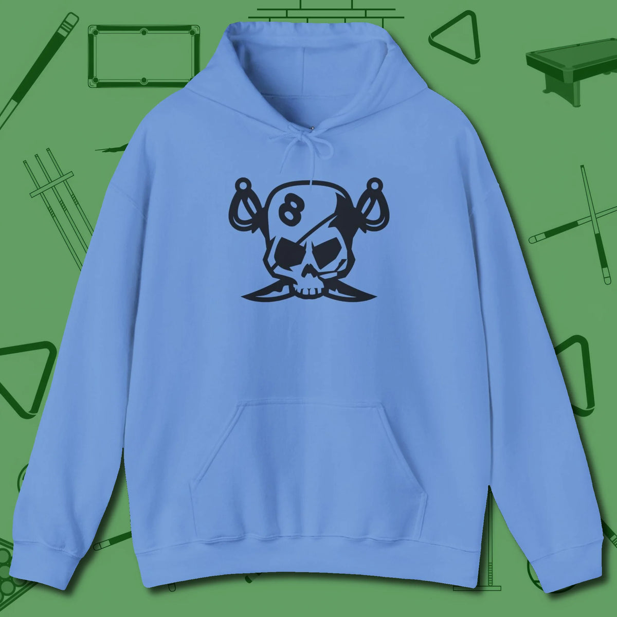 Eight Ball Pirate Skull Hoodie, front view, in Carolina Blue because pool isn’t just a game — it’s who you are
