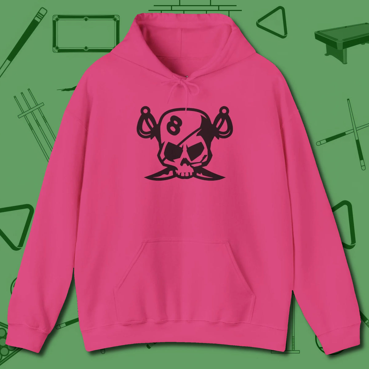 Eight Ball Pirate Skull Hoodie, front view, in Heliconia designed for dead stroke and deadpan looks