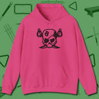Eight Ball Pirate Skull Hoodie, front view, in Heliconia designed for dead stroke and deadpan looks