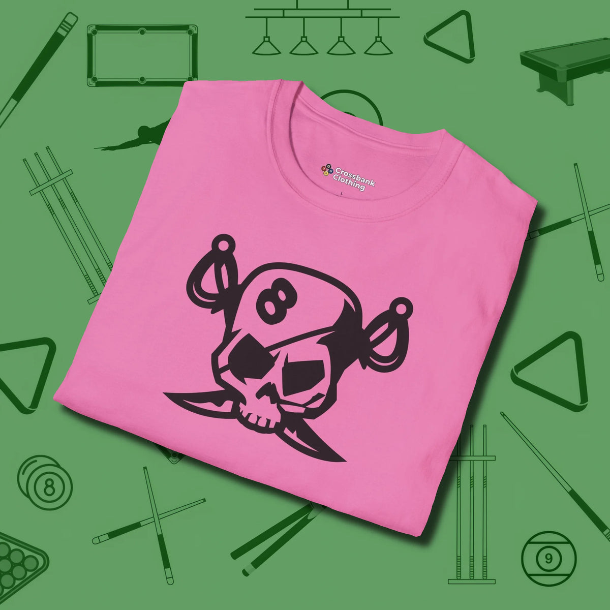Eight Ball Pirate Skull T-Shirt, folded view, in Azalea earns respect before the first shot