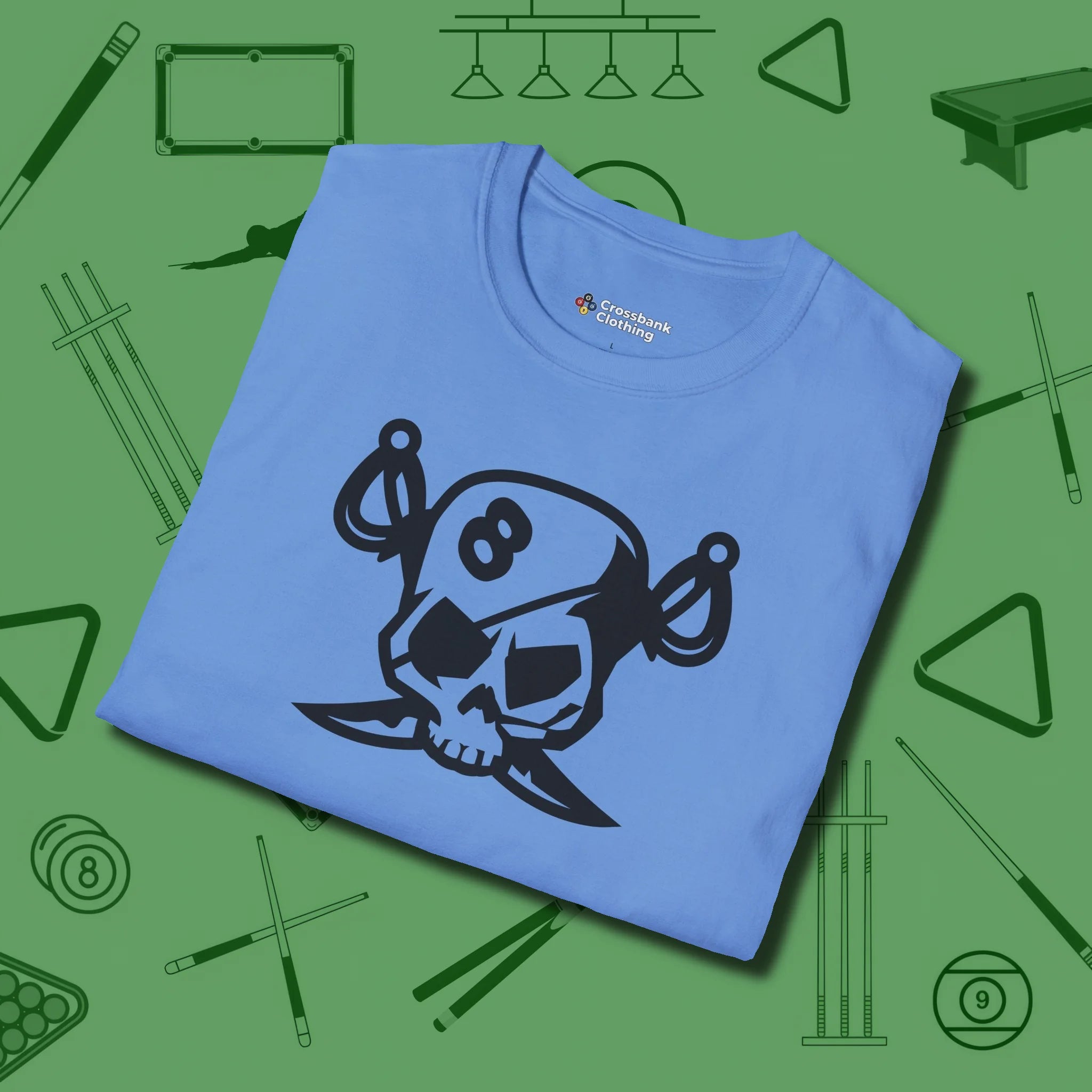 Eight Ball Pirate Skull T-Shirt, folded view, in Carolina Blue for hustlers who keep it honest