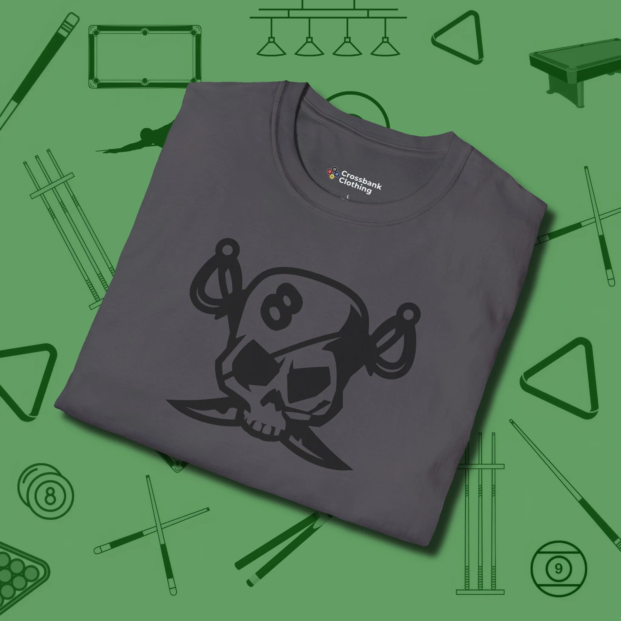 Eight Ball Pirate Skull T-Shirt, folded view, in Charcoal built for bold breaks and quiet confidence
