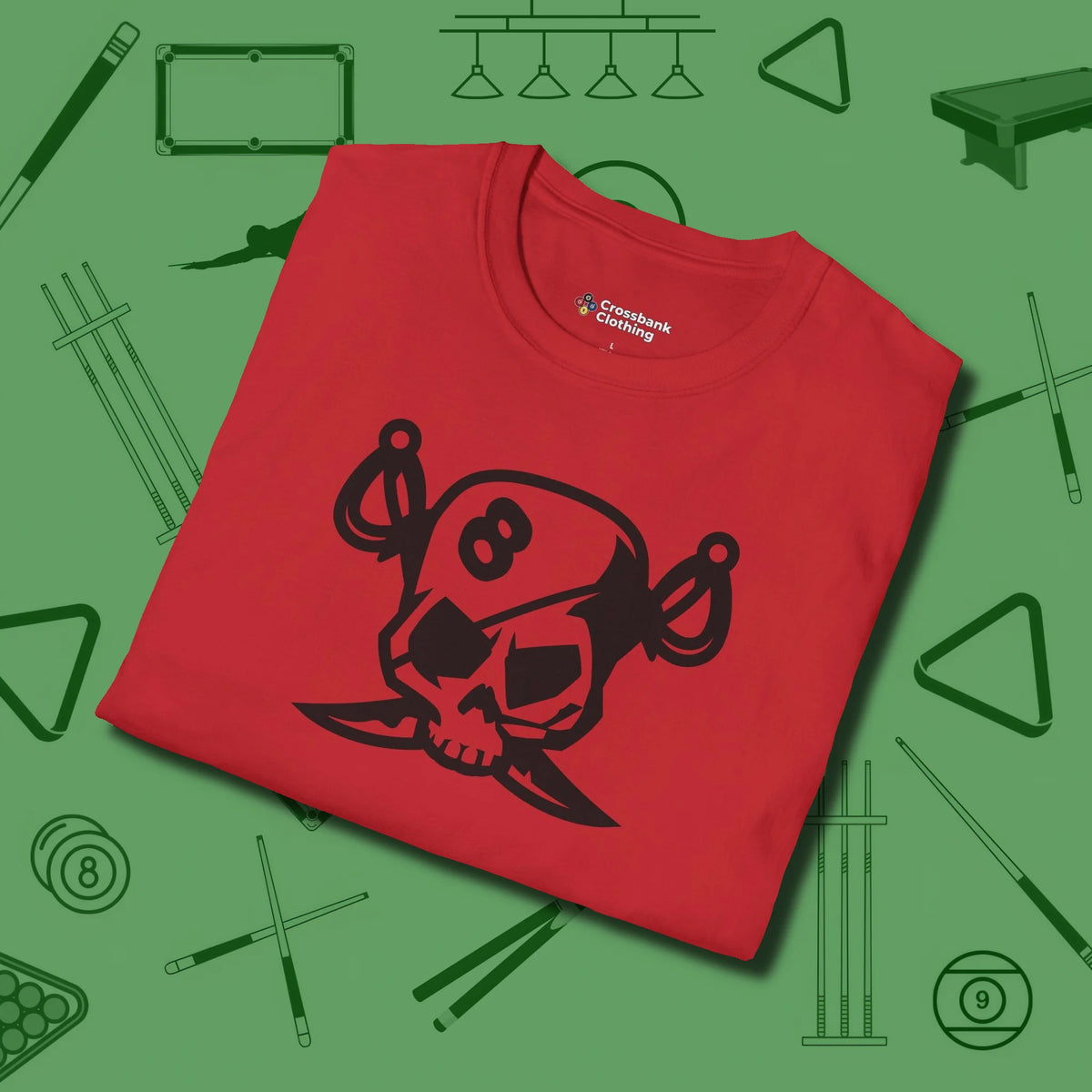 Eight Ball Pirate Skull T-Shirt, folded view, in Red ideal for clean hits and clean fits