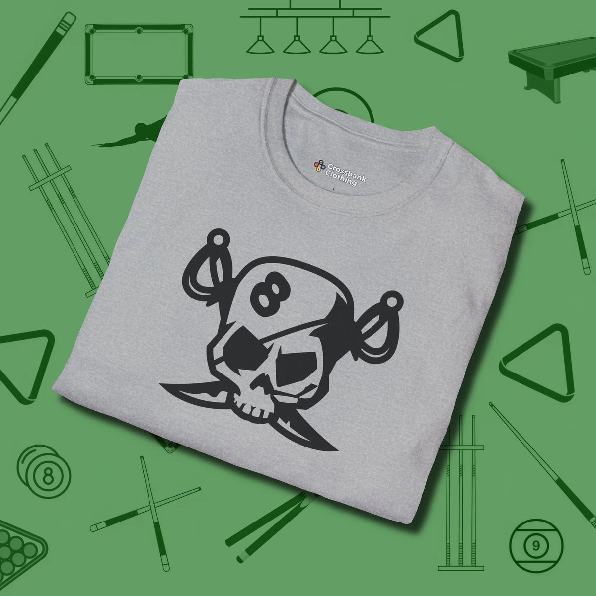 Eight Ball Pirate Skull T-Shirt, folded view, in Sport Grey because pool isn’t just a game — it’s who you are