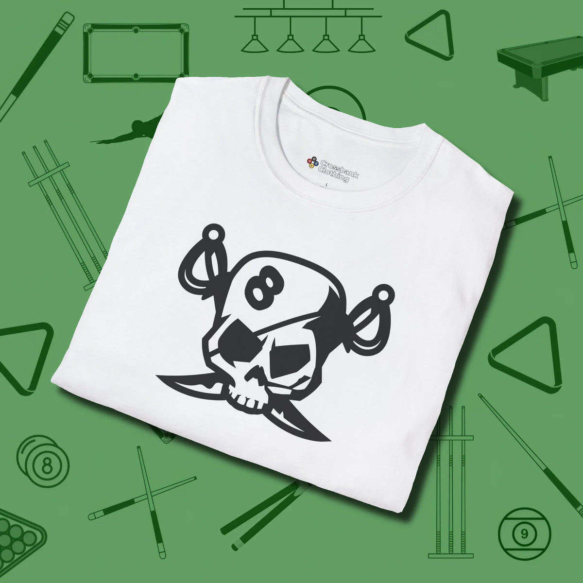 Eight Ball Pirate Skull T-Shirt, folded view, in White designed for dead stroke and deadpan looks