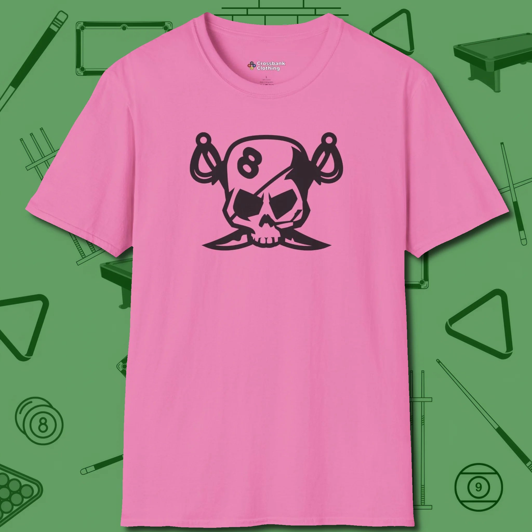 Eight Ball Pirate Skull T-Shirt, front view, in Azalea a clean fit for the dirtiest safeties