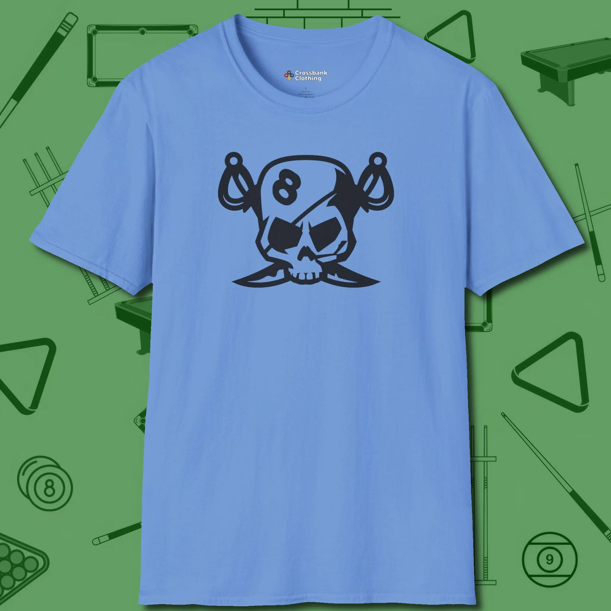 Eight Ball Pirate Skull T-Shirt, front view, in Carolina Blue play in style, win in silence