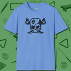 Eight Ball Pirate Skull T-Shirt, front view, in Carolina Blue play in style, win in silence