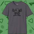 Eight Ball Pirate Skull T-Shirt, front view, in Charcoal classic cue style, no gimmicks