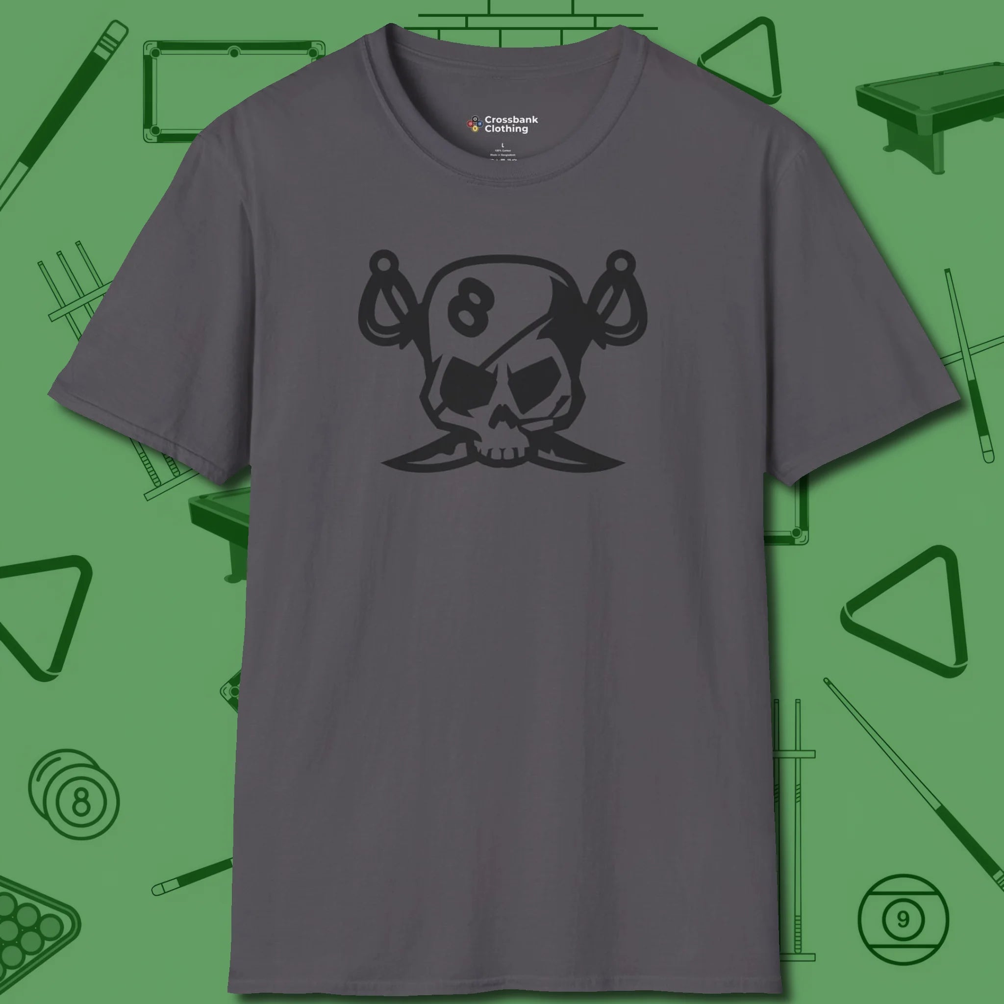 Eight Ball Pirate Skull T-Shirt, front view, in Charcoal classic cue style, no gimmicks