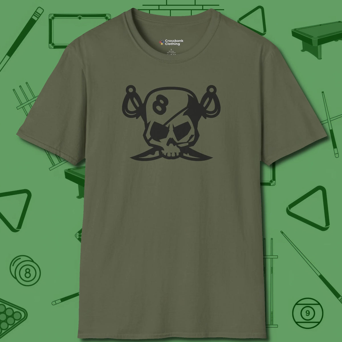 Eight Ball Pirate Skull T-Shirt, front view, in Military Green the shirt that plays position