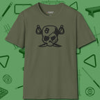 Eight Ball Pirate Skull T-Shirt, front view, in Military Green the shirt that plays position