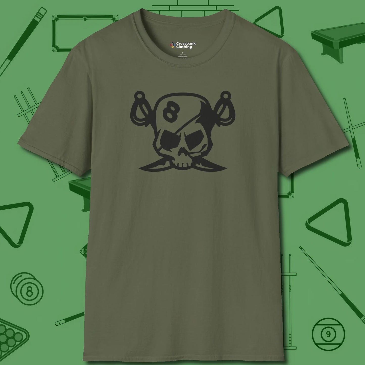 Eight Ball Pirate Skull T-Shirt, front view, in Military Green the shirt that plays position