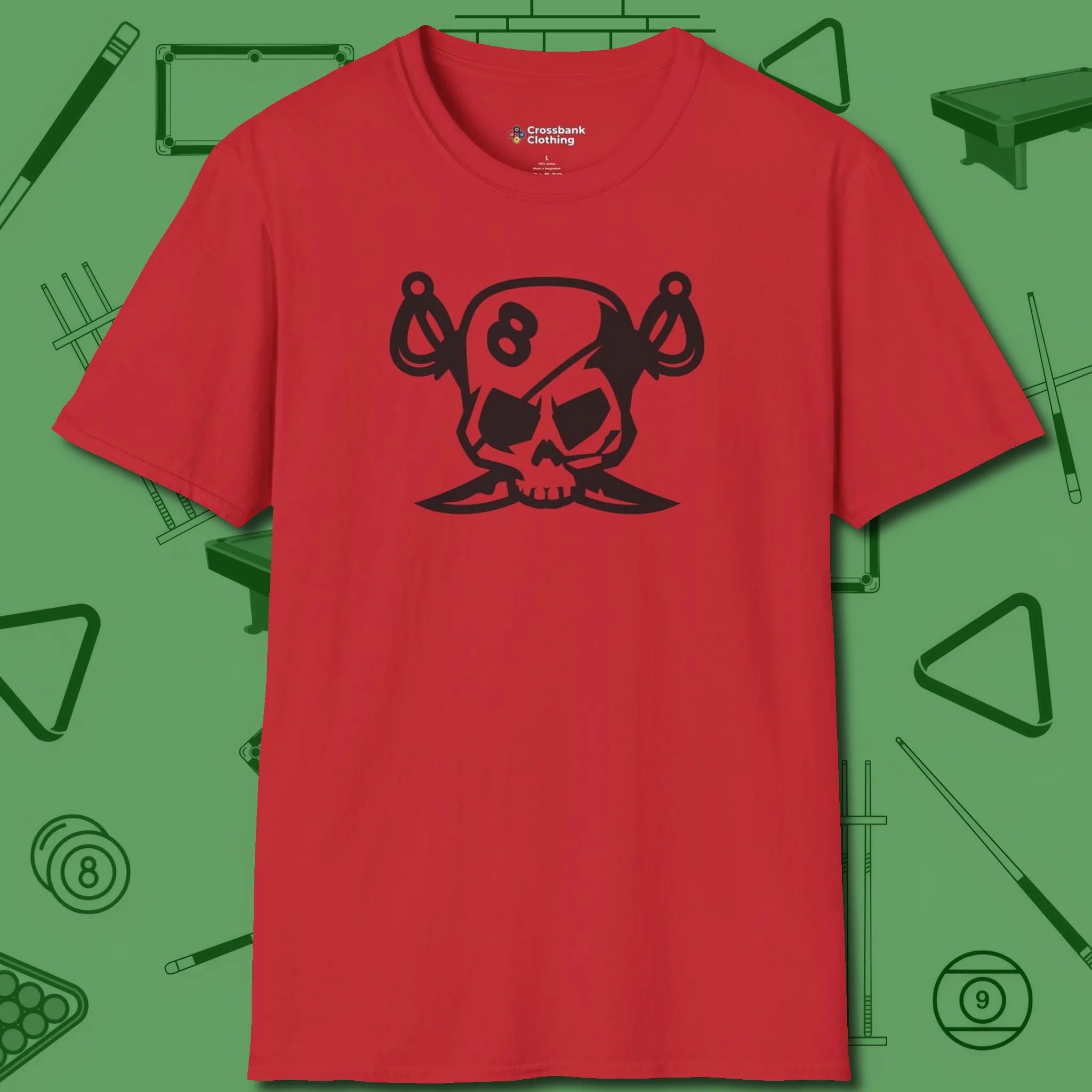Eight Ball Pirate Skull T-Shirt, front view, in Red what champions wear between racks