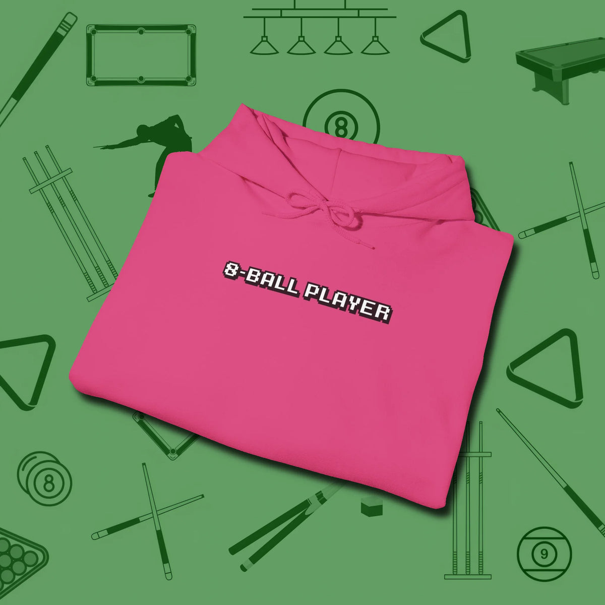 8 Ball Hoodie, folded view, in Heliconia smart enough for the felt and the street