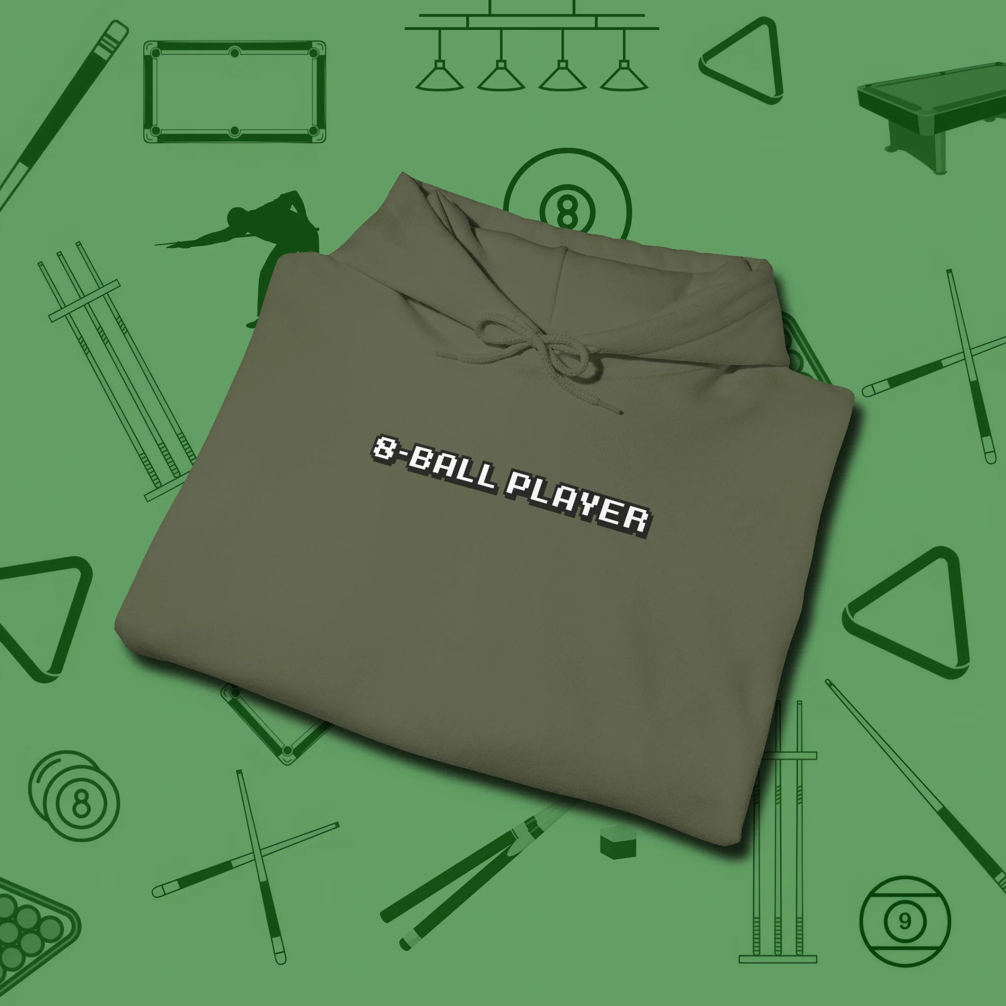8 Ball Hoodie, folded view, in Military Green poolroom style with tournament attitude