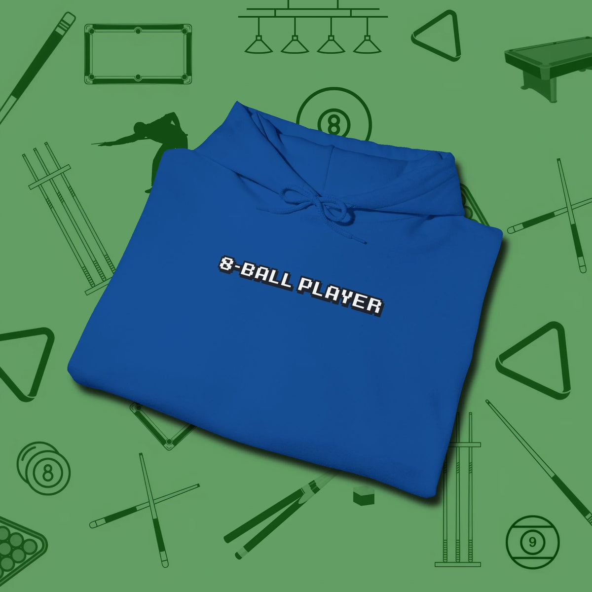 8 Ball Hoodie, folded view, in Royal tough like your favorite break cue