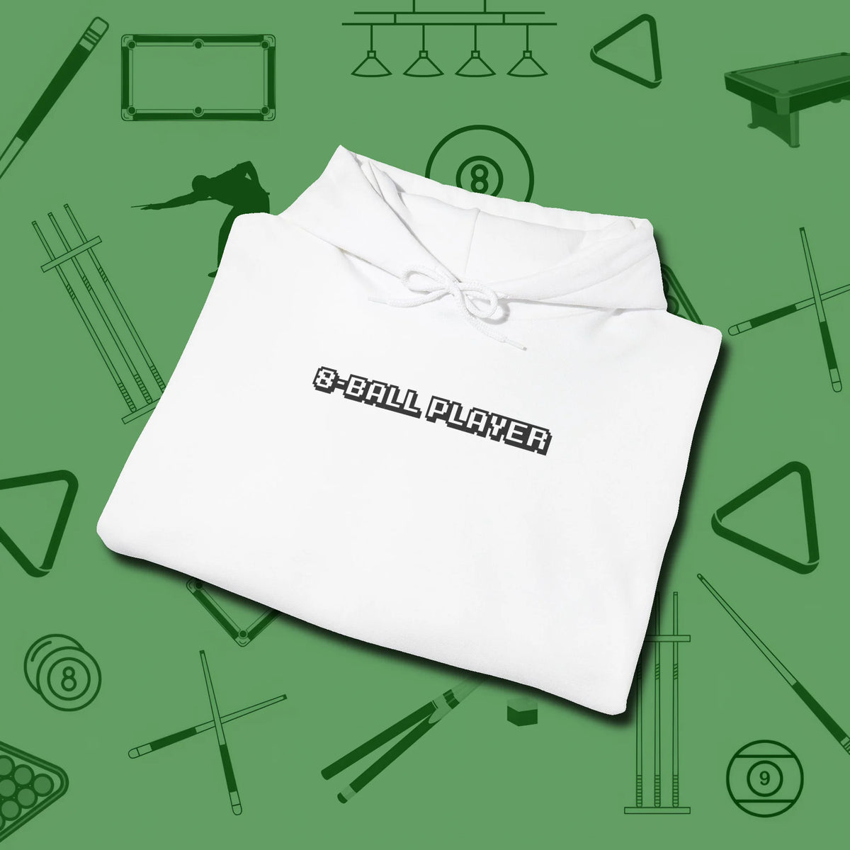 8 Ball Hoodie, folded view, in White cool enough for a corner pocket finish
