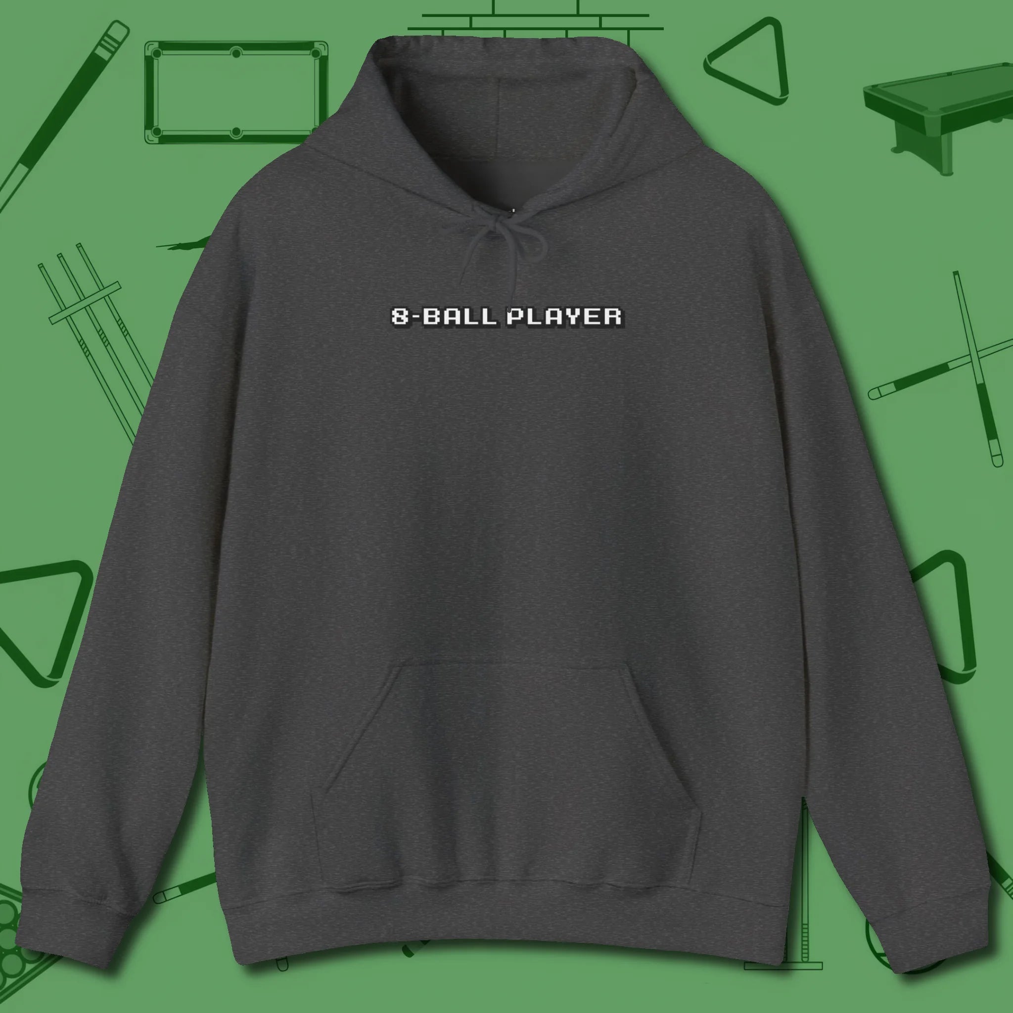 8 Ball Hoodie, front view, in Dark Heather cue sports swagger done right