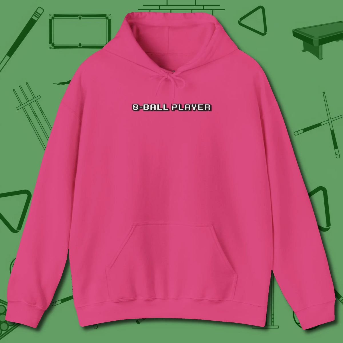 8 Ball Hoodie, front view, in Heliconia stitched for cue discipline and cool confidence