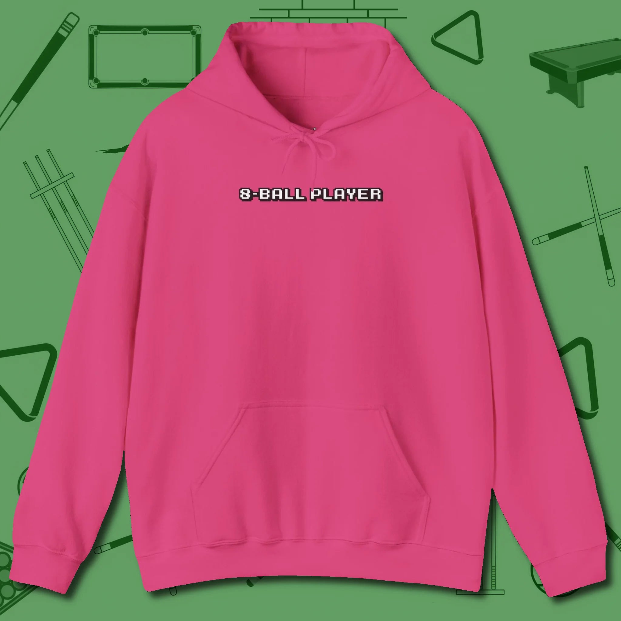 8 Ball Hoodie, front view, in Heliconia stitched for cue discipline and cool confidence