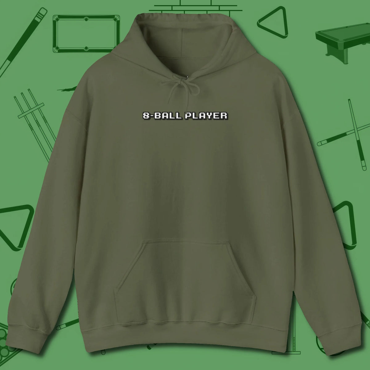 8 Ball Hoodie, front view, in Military Green helps your stroke and your style