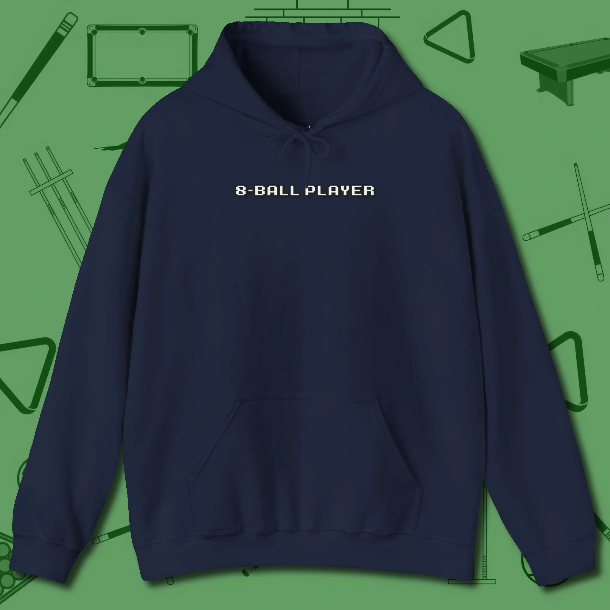 8 Ball Hoodie, front view, in Navy cool under pressure, hot on the eyes