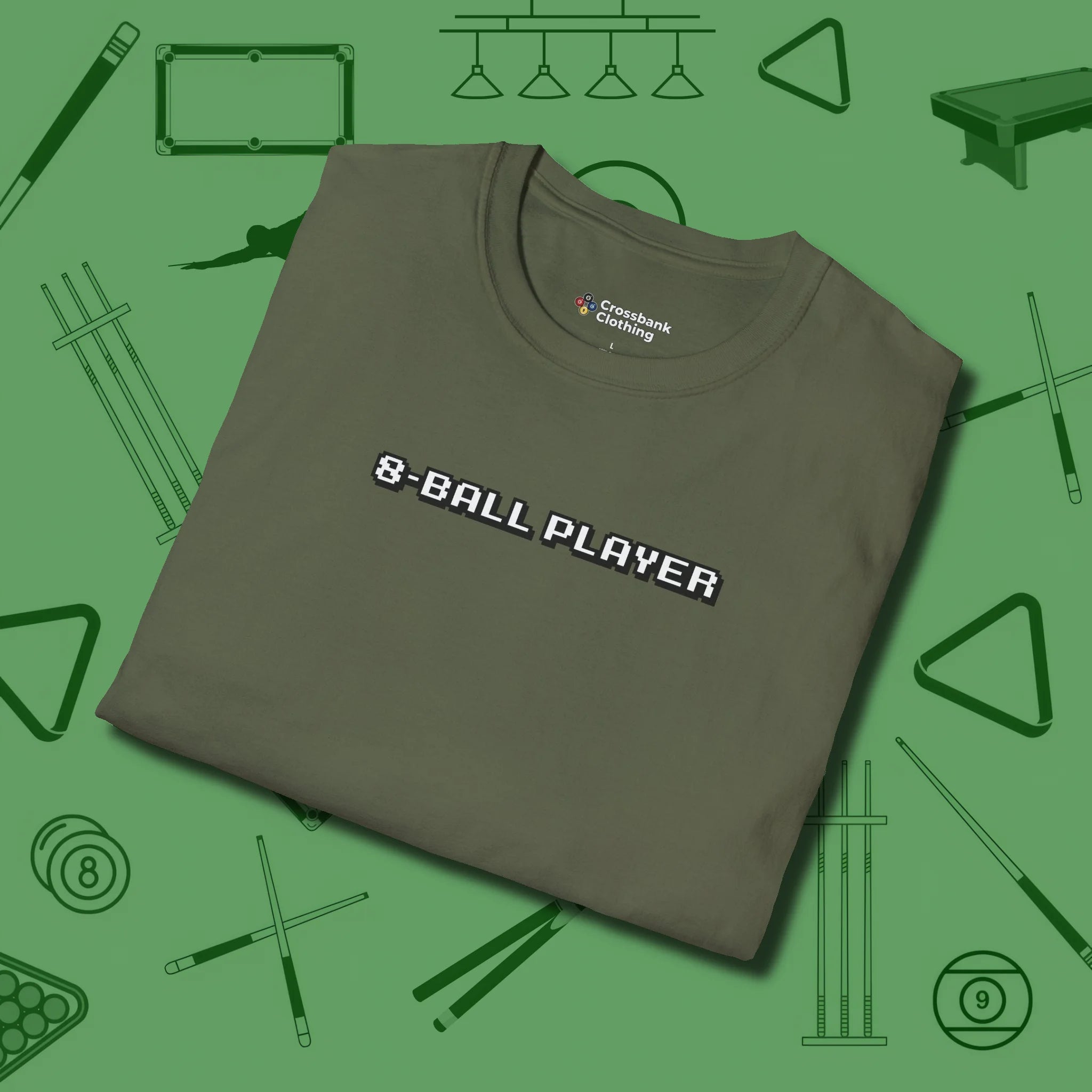 8 Ball T-Shirt, folded view, in Military Green designed for dead stroke and deadpan looks