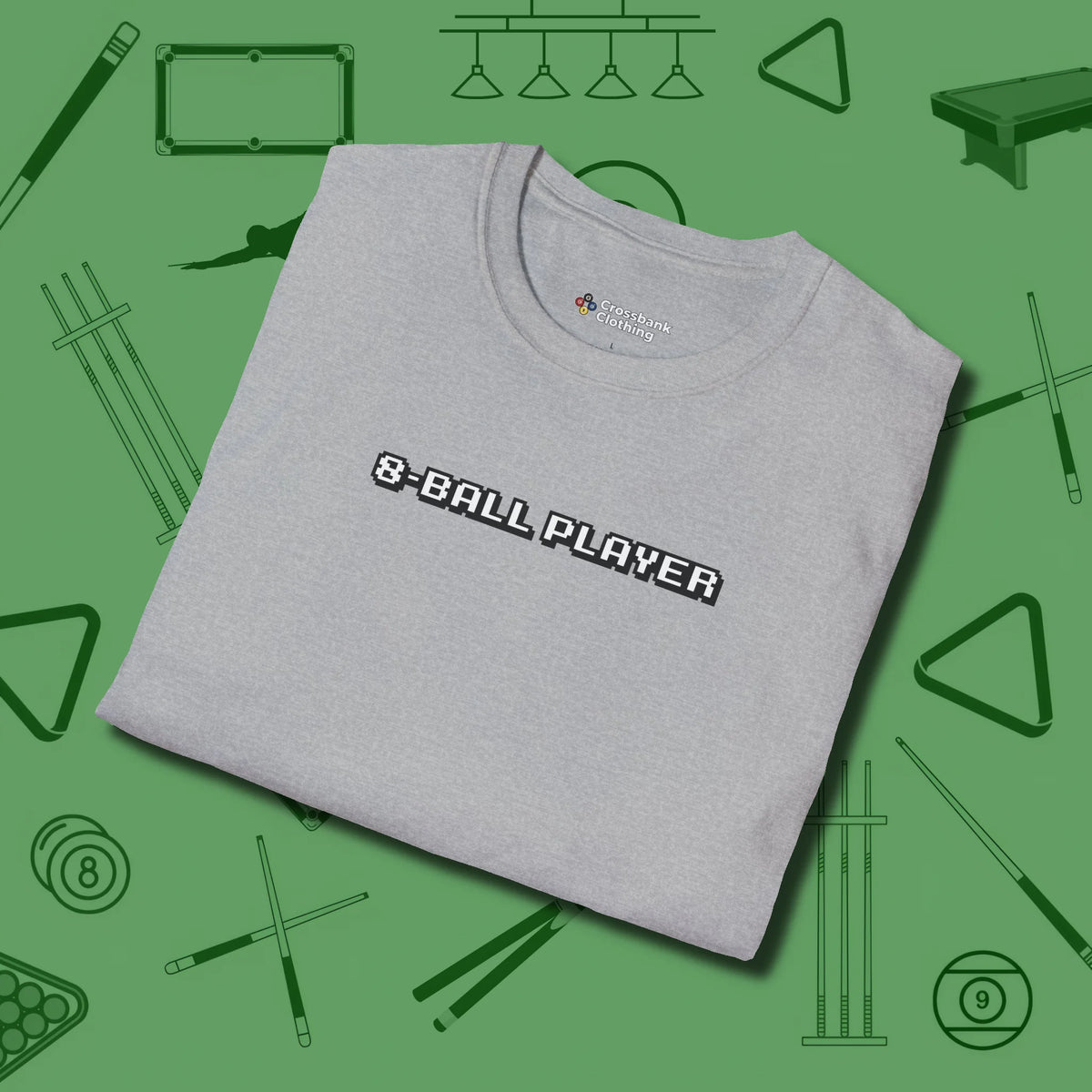 8 Ball T-Shirt, folded view, in Sport Grey classic cue style, no gimmicks