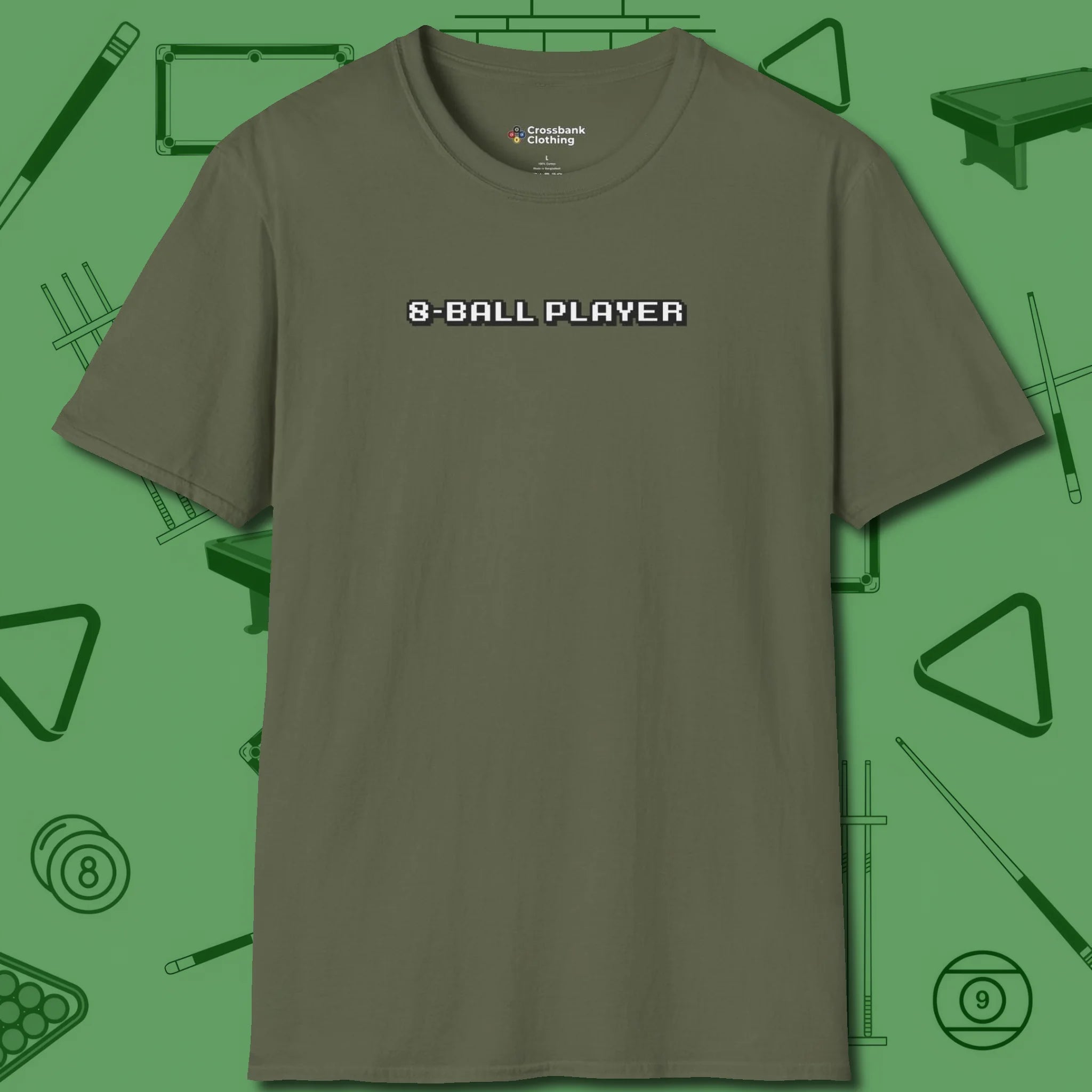 8 Ball T-Shirt, front view, in Military Green what the real shooters wear