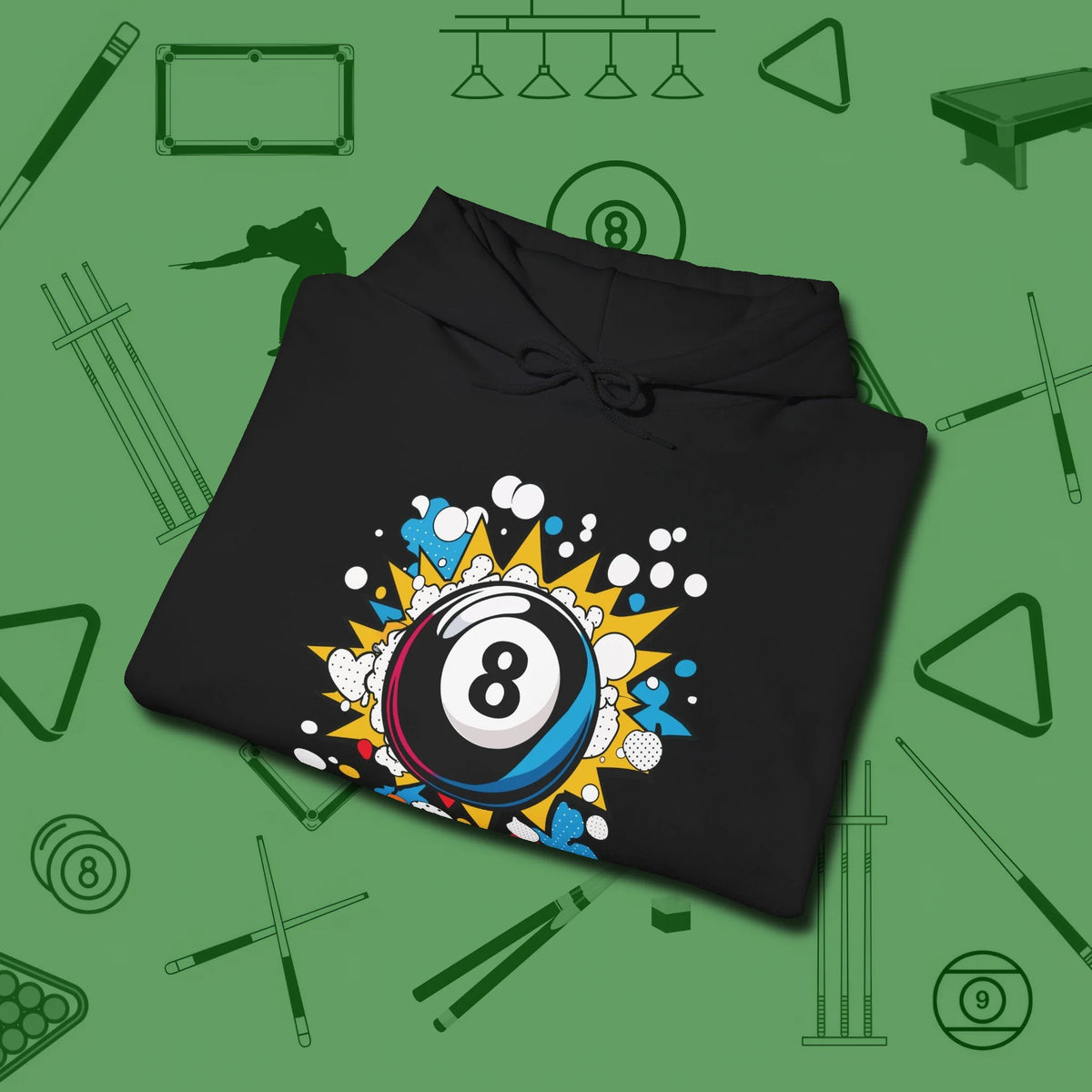 Eight Ball Pop Art Hoodie, folded view, in Black earns respect before the first shot