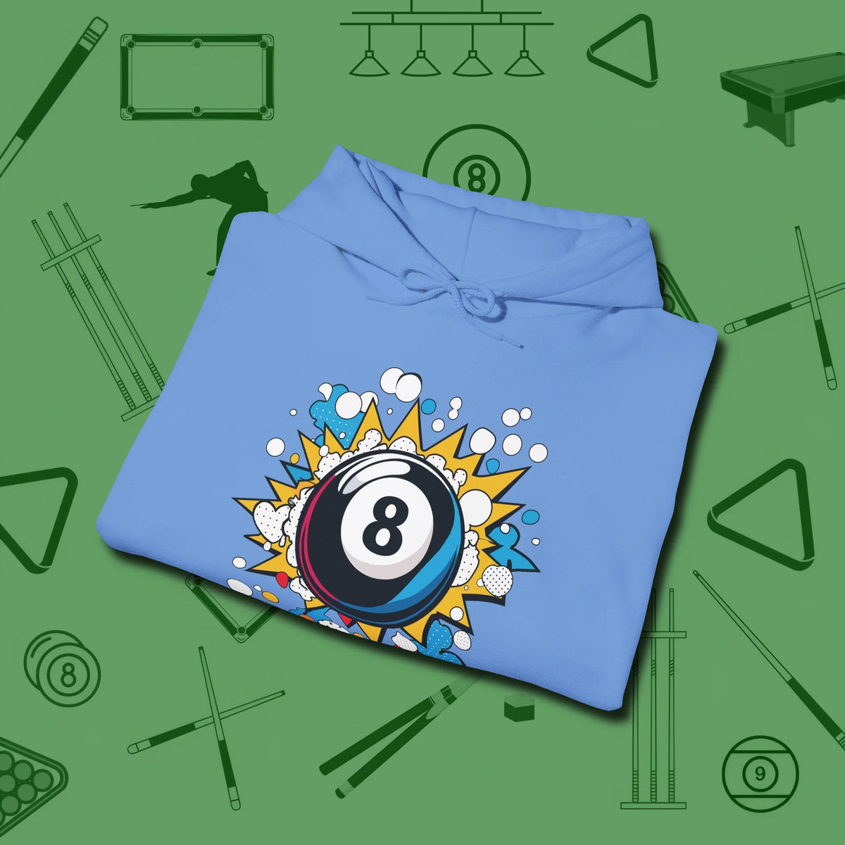 Eight Ball Pop Art Hoodie, folded view, in Carolina Blue look good while calling your pocket
