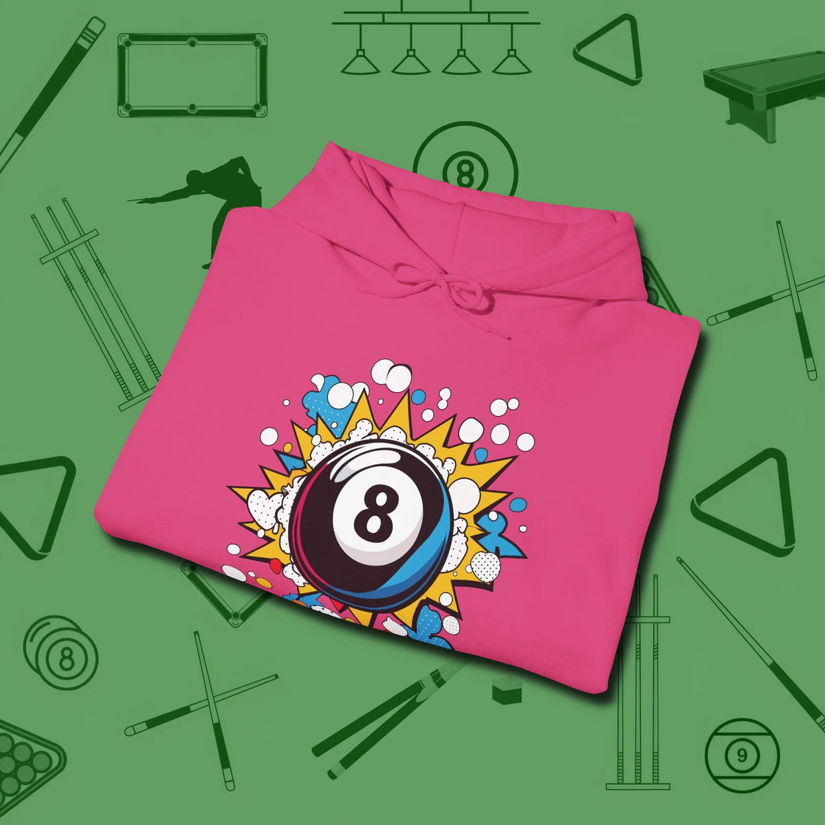 Eight Ball Pop Art Hoodie, folded view, in Heliconia cue up respect every time you wear it