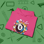 Eight Ball Pop Art Hoodie, folded view, in Heliconia cue up respect every time you wear it