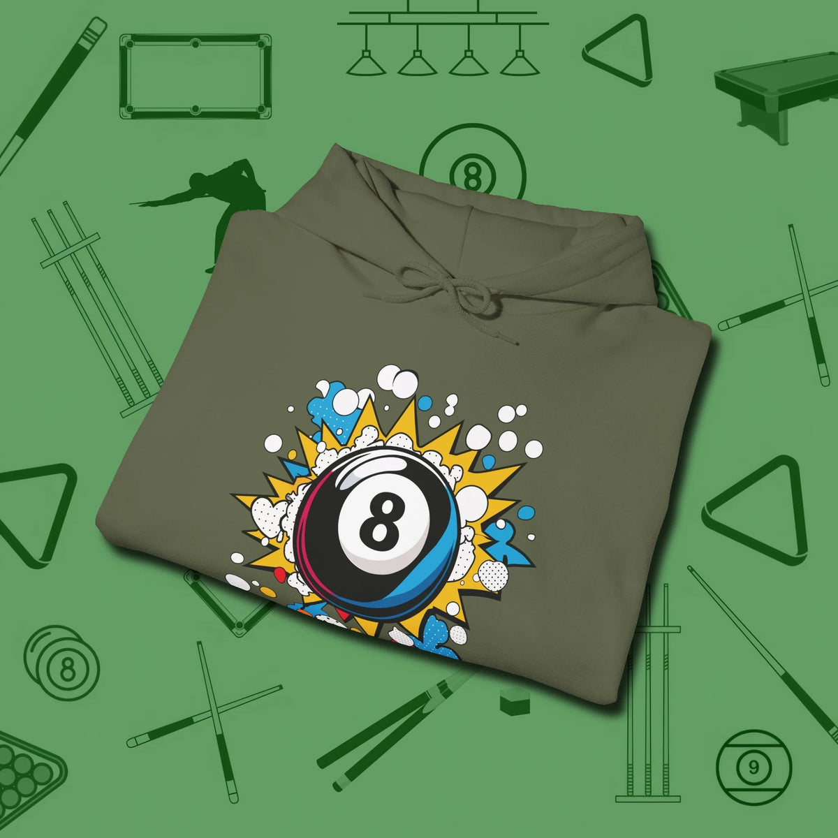 Eight Ball Pop Art Hoodie, folded view, in Military Green table-tested, street-approved style