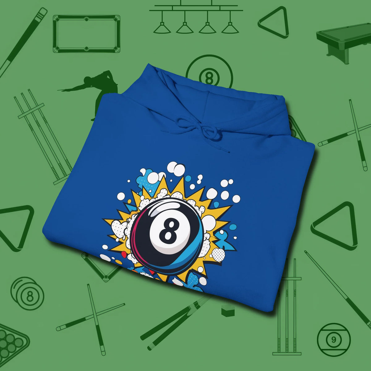 Eight Ball Pop Art Hoodie, folded view, in Royal style that banks as hard as you do
