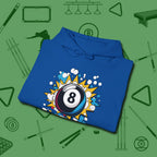 Eight Ball Pop Art Hoodie, folded view, in Royal style that banks as hard as you do