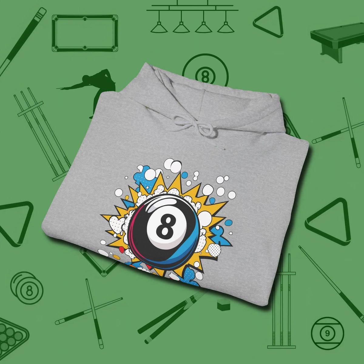 Eight Ball Pop Art Hoodie, folded view, in Sport Grey clean lines for dirty minds