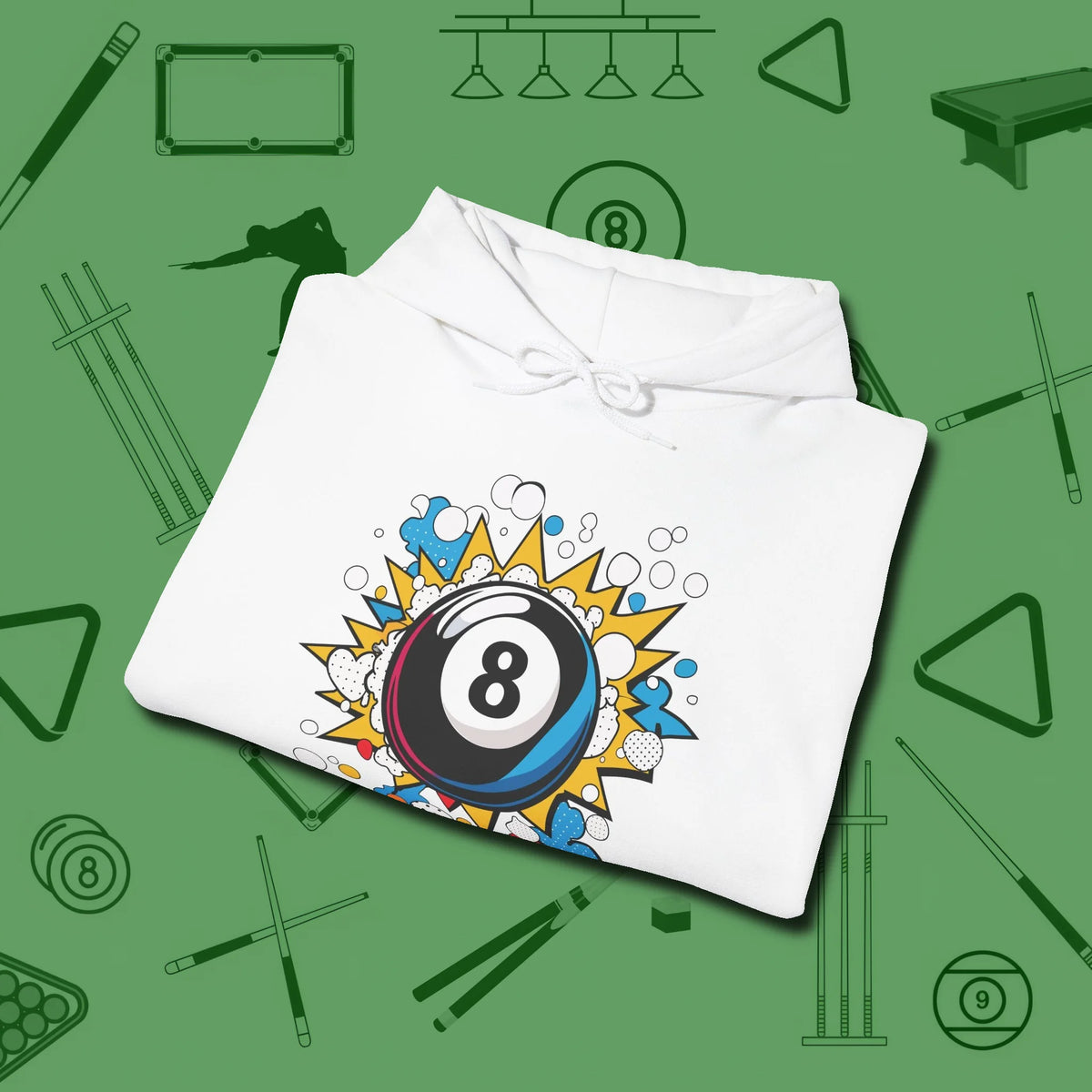 Eight Ball Pop Art Hoodie, folded view, in White table-tested, street-approved style