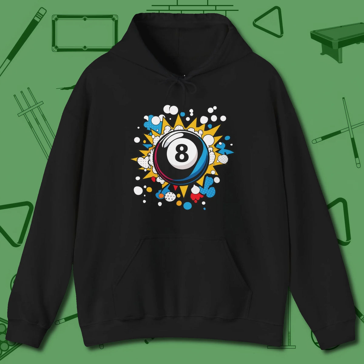 Eight Ball Pop Art Hoodie, front view, in Black subtle drip for serious shooters