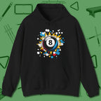 Eight Ball Pop Art Hoodie, front view, in Black subtle drip for serious shooters