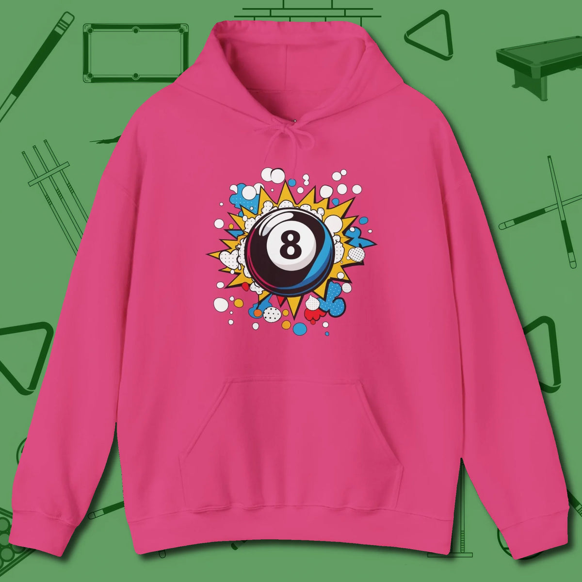 Eight Ball Pop Art Hoodie, front view, in Heliconia cool under pressure, hot on the eyes