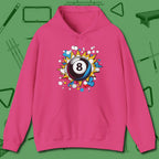 Eight Ball Pop Art Hoodie, front view, in Heliconia cool under pressure, hot on the eyes