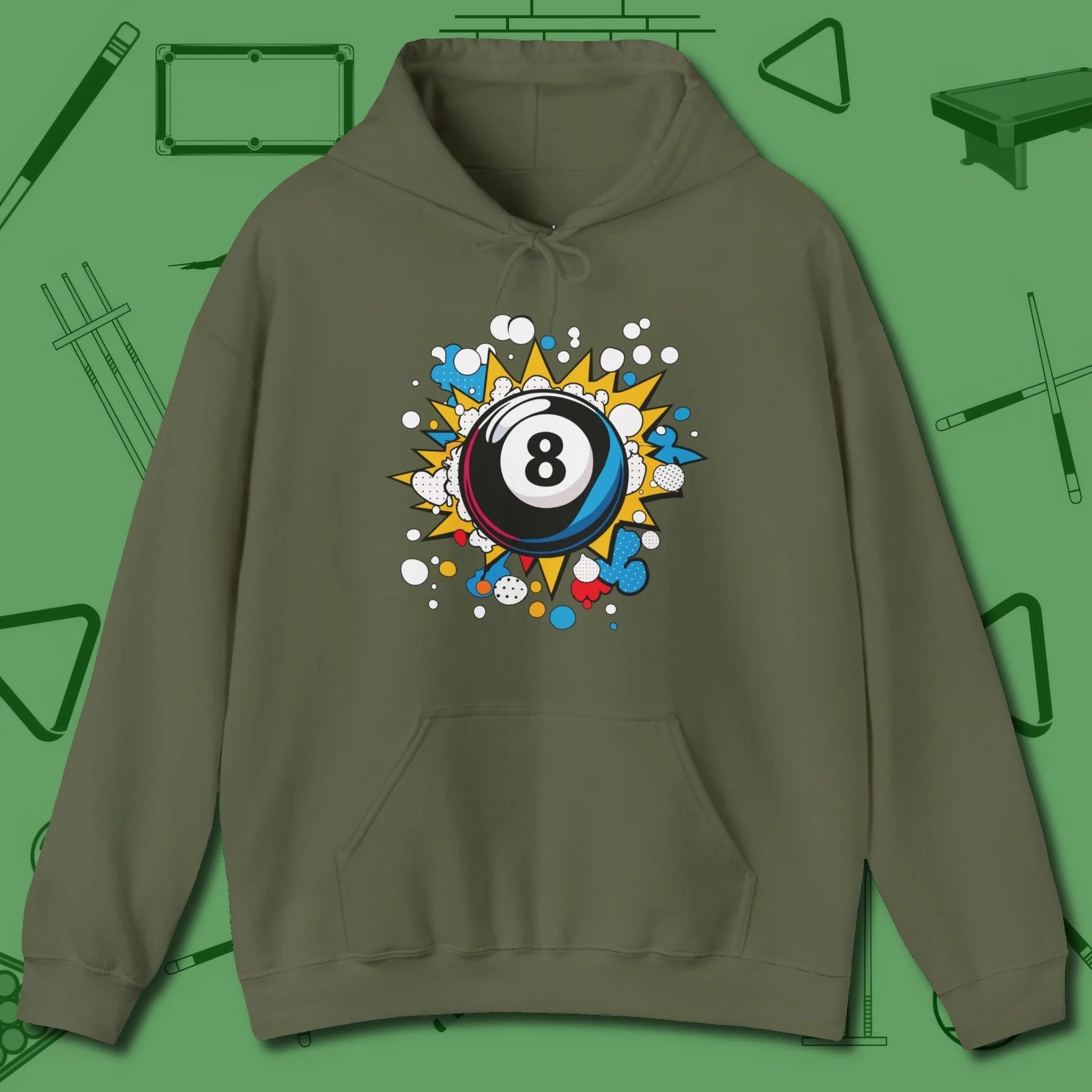Eight Ball Pop Art Hoodie, front view, in Military Green ideal for clean hits and clean fits
