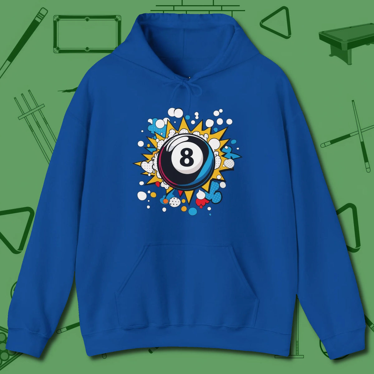 Eight Ball Pop Art Hoodie, front view, in Royal styled to dominate from rack to run-out