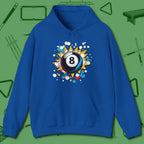 Eight Ball Pop Art Hoodie, front view, in Royal styled to dominate from rack to run-out