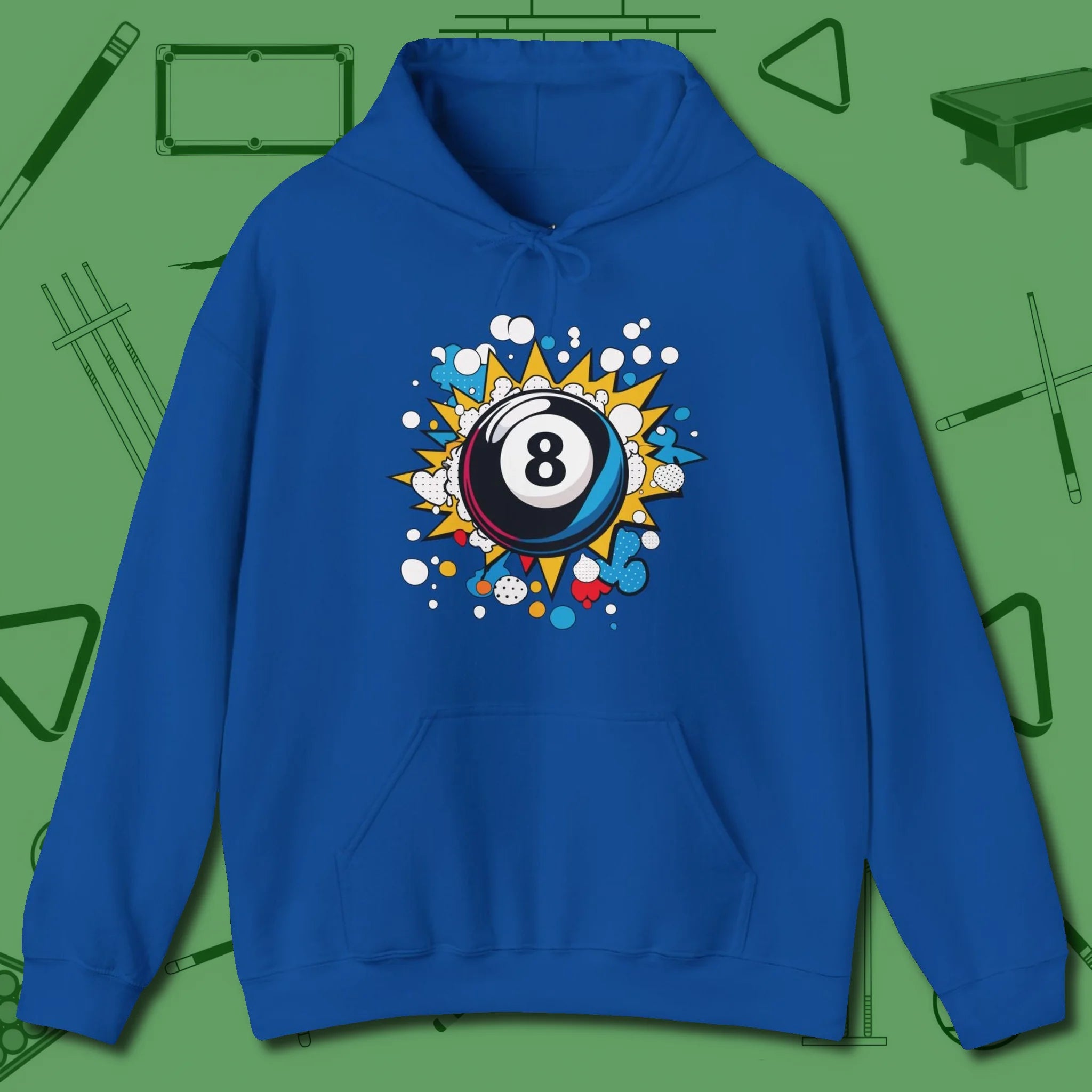 Eight Ball Pop Art Hoodie, front view, in Royal styled to dominate from rack to run-out